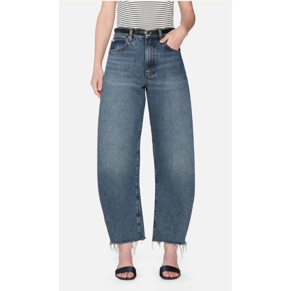 Frame Denim Bubble Crop Barrel Leg in Knock Out Raw Fray Jeans Women 26 $298
